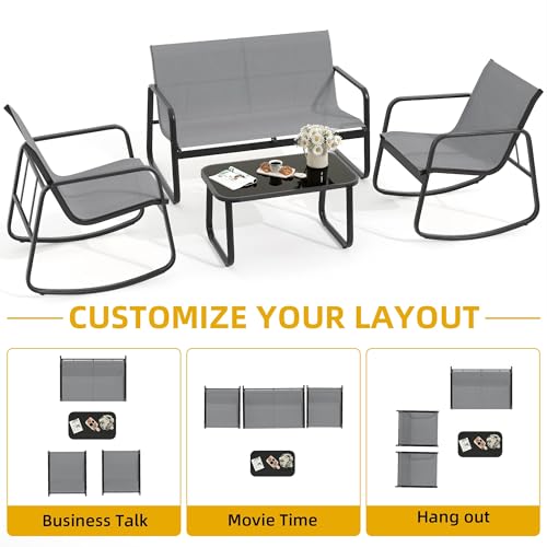 DWVO 4 Piece Patio Furniture Set, Outdoor Conversation Sets for Patio, Lawn, Garden, Poolside with Rocking Chair Set of 2 and Glass Coffee Table - Grey - WoodArtSupply