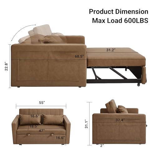 N NOORDENIYA 55'' Leather Sofa Bed, Pull Out Sleeper Sofa Couch Bed, Loveseat Sleeper, Futon Sofa Couch with Side Pocket, Convertible Sofa Bed for Living Room, Apartment, Bedroom, RV, Brown N NOORDENIYA