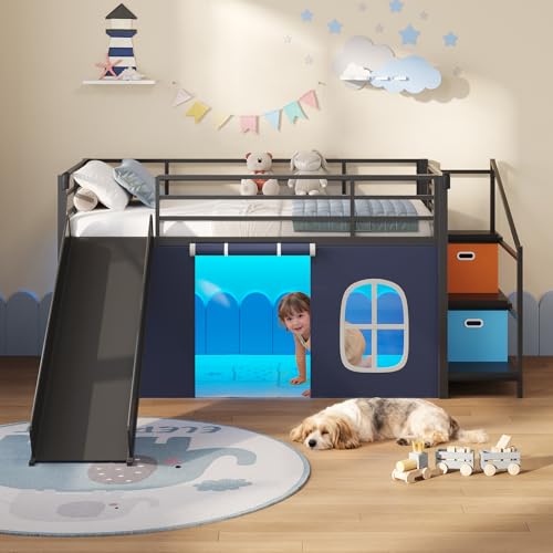 DICTAC Low Loft Bed with Slide,Storage Stairway and Led Lights Metal Twin Size Loft Bed with Under-Bed Play Space,Art Table & Play Curtain Twin Beds with 2 Drawers and 13.8''H Safety Guardrail,Black DICTAC