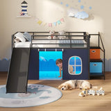 DICTAC Low Loft Bed with Slide,Storage Stairway and Led Lights Metal Twin Size Loft Bed with Under-Bed Play Space,Art Table & Play Curtain Twin Beds with 2 Drawers and 13.8''H Safety Guardrail,Black DICTAC