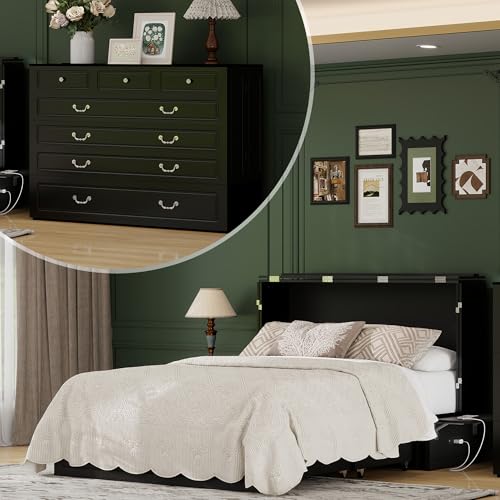 Keloyid Queen Murphy Bed Included Mattress：Wood Murphy Bed Cabinet with USB Charging Station and Large Storage Drawer for Bedrooms/Guest Rooms/Apartments, Black Walnut Color-2 Keloyid
