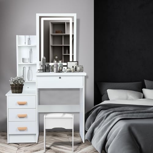Vanity Desk with LED Lighted Mirror,Makeup Vanity Table with 4 Drawers for Bedroom Bathroom,Vanity Desk with Lights,Makeup Vanity with Mirror,Dressing Table with Drawers for Women Girls Gift (White) NEREIDS NET