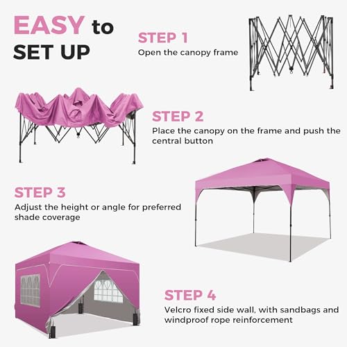 GDY 12x12FT Pop Up Canopy Tent with One Push Setup, Easy to Install with 4-Sidewalls for Events, Parties, Camping, Outdoor Gazebo with 4-Sandbags and Wheel Bag, Pink. GDY