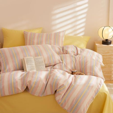 EAVD Retro Striped Comforter Set Full Multicolor Soft 100% Washed Cotton Chic Colorful Striped Bedding Set with 2 Pillowcases Reversible Farmhouse Geometric Pattern Comforter Set for All-Season EAVD