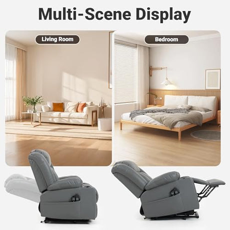 Culect Electric Lift Recliner with Massage Heating Function Mild Zero-Gravity and Stand-Assist Feature, Recliner Chair with 2 Remote Controls and USB Port, Large Side Pockets, Gray PU Culect