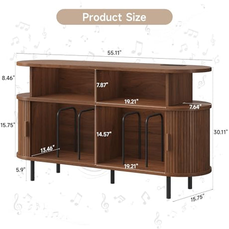 55" Large Round Record Player Stand with Charging Station, Vinyl Record Storage Cabinet, Mid Century Modern Turntable Stand with Open Shelves Holder for Bedroom Living Room, Sliding Doors (Walnut) ONBRILL