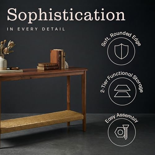 Alaterre Furniture Calais Living Room Collection – 48 Inch Solid Wood Entryway Table with Woven Storage Shelf – Mid Century Modern 2-Tier Sofa Table for Living Room, Hallway, or Foyer (Warm Chestnut) Alaterre Furniture