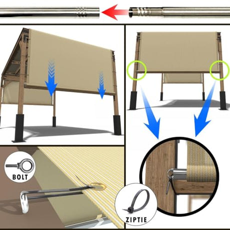 Amgo 10' W x 16' L Beige Pergola Canopy Replacement UPF50+ Top Cover, Commercial Grade 260GSM Sun Shade for Outdoor Patio, 95% UV Blockage, Stainless Steel Weighted Rods Included (We Make Custom Size) Amgo