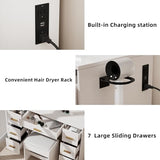 Homesflex Vanity Desk with Mirror and LED Lights, 43'' W Makeup Vanity Desk with Power Outlet, 3 Color Modes, 7 Drawers Vanity Table with Chair, Dressing Table for Bedroom, Dressing Room (White) Homesflex