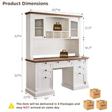 OKD 60" Executive Desk with Hutch and Drawers, Farmhouse Home Office Desk with Charging Station, Keyboard Tray, File Cabinet Storage, Wood Computer Desk for Work and Study, Antique White OKD