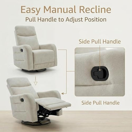 MAKOSAR 360° Swivel Glider Rocker Recliner Chair, Manual Reclining Sofa Chair with Side Pull Handle,Fabric Upholstered Lounge Chair for Living Room, Bedroom,Nursery,Office (Beige-Swivel) MAKOSAR