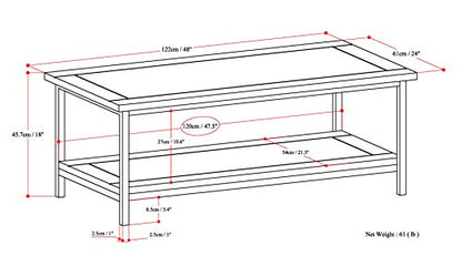 SIMPLIHOME Skyler SOLID MANGO WOOD and Metal 48 inch Wide Rectangle Modern Industrial Coffee Table in Dark Cognac Brown, for the Living Room and Family Room - WoodArtSupply