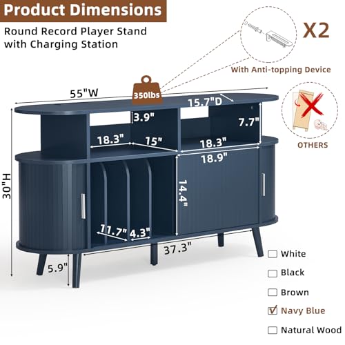 LELELINKY Extra Large Round Record Player Stand with Charging Station & Fluted Panel, Mid Century Modern Turntable Cabinet with Vinyl Storage, Arched Wood Record Player Table for Living Room,Blue LELELINKY
