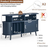 LELELINKY Extra Large Round Record Player Stand with Charging Station & Fluted Panel, Mid Century Modern Turntable Cabinet with Vinyl Storage, Arched Wood Record Player Table for Living Room,Blue LELELINKY