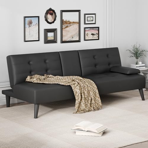 JAMFLY Futon Sofa Bed, 64" Small Futon Couch with Adjustable Backrest, 3-Angle Recliner, Detachable Armrests with Cup Holders for Small Spaces, Living Room, Apartment, Study Room (Black Leather) JAMFLY