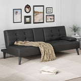 JAMFLY Futon Sofa Bed, 64" Small Futon Couch with Adjustable Backrest, 3-Angle Recliner, Detachable Armrests with Cup Holders for Small Spaces, Living Room, Apartment, Study Room (Black Leather) JAMFLY