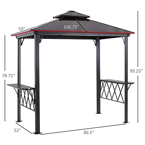 Outsunny 9' x 5' Grill Gazebo, Hardtop BBQ Gazebo Canopy with 2-Tier Polycarbonate Roof, Shelves Serving Tables and Hooks, for Backyard Patio Lawn - WoodArtSupply