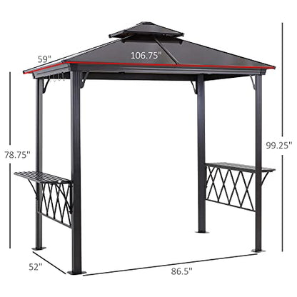 Outsunny 9' x 5' Grill Gazebo, Hardtop BBQ Gazebo Canopy with 2-Tier Polycarbonate Roof, Shelves Serving Tables and Hooks, for Backyard Patio Lawn - WoodArtSupply