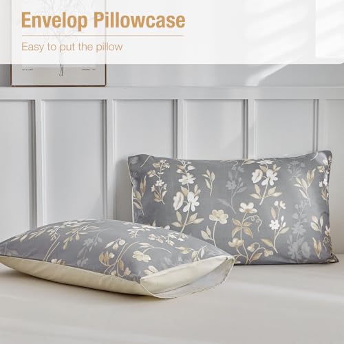 Lekesky Queen Duvet Cover Set, Gold Floral Duvet Cover Queen Size, 3 Pieces Grey Bedding Sets with Zipper, Ultra Soft Microfiber Reversible Queen Size Comforter Cover with 2 Pillowcases 20"x26" Lekesky