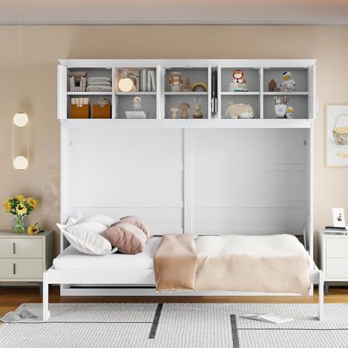 Virubi Queen Horizontal Murphy Bed with Storage Cabinet,Wood Folding Murphy Wall Bed for Adult (White,Queen) Virubi
