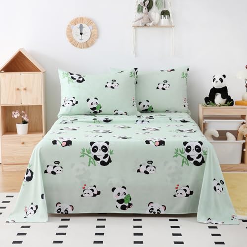 Yibeizi Twin Sheets Set Kids, Sage Green Panda Pattern Microfiber Single Bed Sheets, Cute Soft Oeko-Tex Extra Deep Pocket Sheets & Pillowcases Cooling Hypoallergenic Wrinkle Free Bedsheets Yibeizi