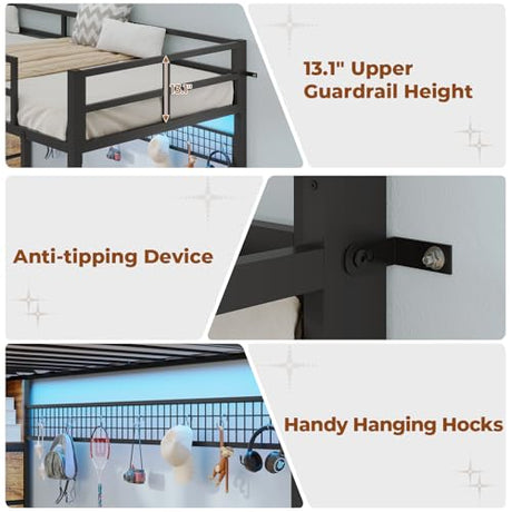 BTHFST Twin Loft Bed with Desk & 8 Storage Drawers Tall Dresser, Metal Loft Bed with LED Lights & Charging Station, 2-Tier Storage Shelves, Stable & Sturdy, Noise Free, Rustic Brown and Black BTHFST