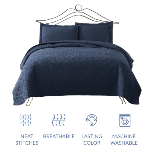 EXQ Home Quilt Set Full Queen Size Navy 3 Piece,Lightweight Soft Coverlet Modern Style Squares Pattern Bedspread Set(1 Quilt,2 Pillow Shams) EXQ Home