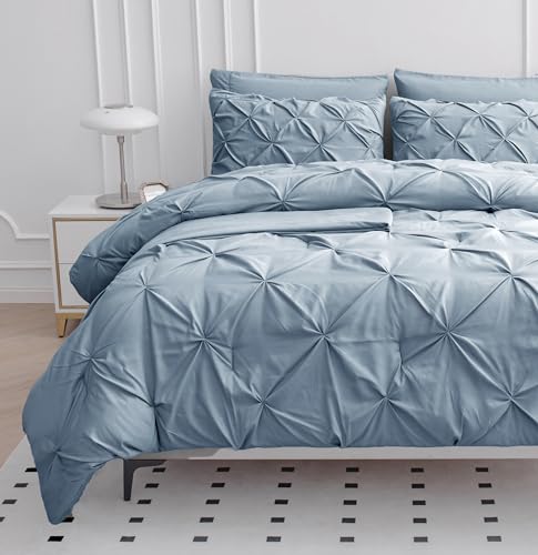 LANE LINEN Twin Comforter Set - 5 Piece - Elegant Pintuck Stitch Design Bedding - with 1 Comforter, 1 Pillowcase, 1 Sham, 1 Flat & 14" Fitted Sheet - Super-Soft, All-Season Everyday Use – French Blue LANE LINEN