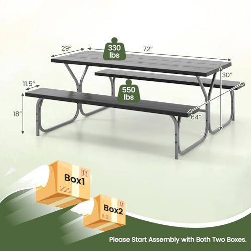 Giantex Picnic Table 6FT for 8 Person, Outdoor Table Set w/ 2 Benches, All-Weather HDPE Rectangular Tabletop, Heavy Duty Metal Legs, Umbrella Hole, for Patio Yard Lawn Party (Black) Giantex