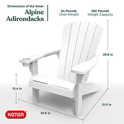 Keter Alpine Adirondack 2 Pack Resin Outdoor Furniture Patio Chairs with Cup Holder-Perfect for Beach, Pool, and Fire Pit Seating, White - WoodArtSupply