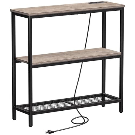 Snughome Console Table with Power Outlets, Entryway Table with Storage, Narrow Sofa Table with 3 Tier Shelves, 2 USB Ports, 2 Power Outlets, Hallway Table for Couch, Living Room, Entrance, Grey Snughome