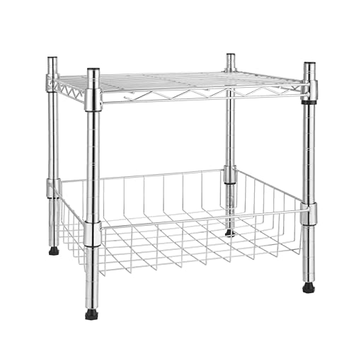 YSSOA Heavy Duty Shelving Unit, Wire Metal Stackable Storage, 2-Tier Shelf, with Basket, Chrome, 15" W x 13.8" D x 15" H - WoodArtSupply