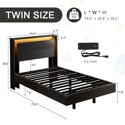 Einhomn Twin Bed Frames with LED Lights and Charging Station - Wood Floating Bed Frame with Storage Headboard, Adhesive Slats, Kick-Free & Noise-Free Design, Easy Assembly, Black Einhomn
