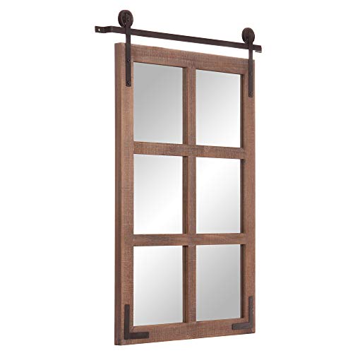 Patton Wall Decor 33x26 Sliding Barn Door Wood Window Wall Mirror, Brown - WoodArtSupply