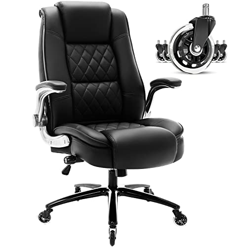 High Back Office Chair- Flip Arms Adjustable Built-in Lumbar Support, Executive Computer Desk Chair Work Chairs, Thick Padded Strong Metal Base Quiet Wheels, Ergonomic Design for Back Pain EZAKI