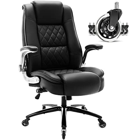 High Back Office Chair- Flip Arms Adjustable Built-in Lumbar Support, Executive Computer Desk Chair Work Chairs, Thick Padded Strong Metal Base Quiet Wheels, Ergonomic Design for Back Pain EZAKI
