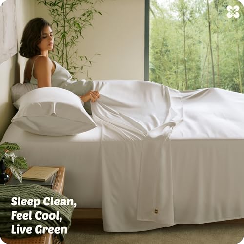 Bedsure 100% Organically Grown Bamboo Viscose Sheets - 18 Inches Deep Pocket Sheets with Elastic Corner, King Size Sheets Set, Ultra-Soft, Silky & Cooling Bedsheets, Oeko-Tex, 4 Pieces, Ivory Bedsure