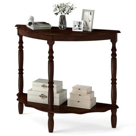 Giantex 42" Half Moon Console Table, 2-Tier Semi-Circle Entryway Table with Storage Shelf & Carved Rubber Wood Legs, Vintage Round Curved Sofa Tables for Living Room, Hallway, Entrance Giantex