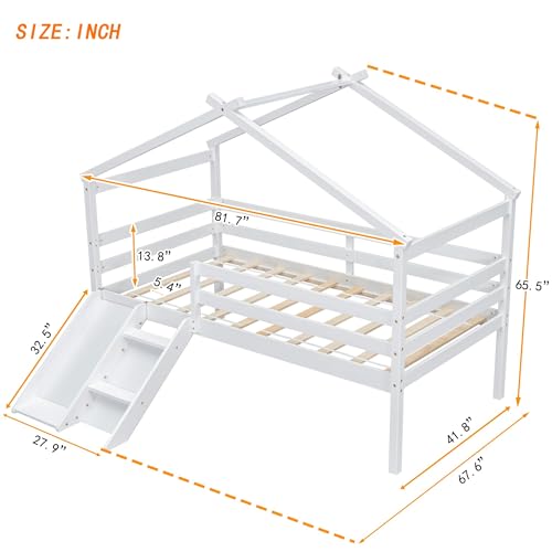 PVWIIK Twin Size Low Loft Bed with Slide for Kids,Girls,Boys Bedroom,Wood House Roof Frame with Inclined Ladder,Easy to Assemble,Under Bed Storage,White PVWIIK