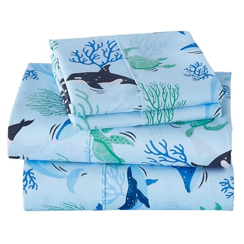 Viviland 3 Pieces Boys Blue Ocean Twin Sheet Set - Soft Microfiber Fitted Flat Sheets & Pillowcase - Blue Ocean Whales, Sea Turtles, Marine Organisms Bedding Sets - for Kids & Toddlers Viviland