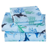 Viviland 3 Pieces Boys Blue Ocean Twin Sheet Set - Soft Microfiber Fitted Flat Sheets & Pillowcase - Blue Ocean Whales, Sea Turtles, Marine Organisms Bedding Sets - for Kids & Toddlers Viviland