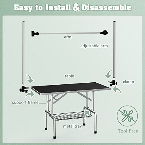 Lyromix Dog Grooming Table, Adjustable Large Pet Drying Desktop, Foldable Bathing Desk with Arms, Noose, Mesh Tray, Maximum Capacity Up to 330Lb