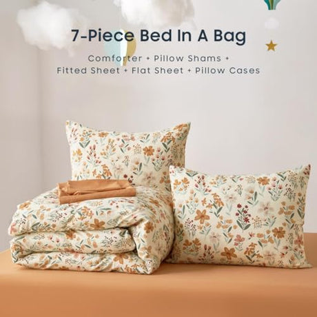 Wake In Cloud - Floral Bedding Set for Girls, Cute Colorful Botanical Flowers Patterned Soft Lightweight Comforter Set with Sheets, 7 Pieces Kids Bed in a Bag, Orange Cream, Full Size Wake In Cloud
