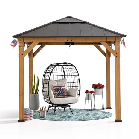 Sunjoy Hardtop Gazebo 9 x 9 ft. Cedar Framed Wood Gazebo with Brown Steel & Polycarbonate Pyramid Hip Roof and Ceiling Hook for Garden, Backyard Sunjoy