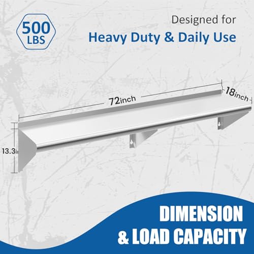 Chingoo Stainless Steel Shelf 18" x 72", 2 Pack NSF Wall Mounted Commercial Metal Shelving with Backsplash for Restaurant, Utility Room, Kitchen and Garage Chingoo