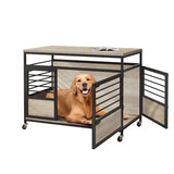 DWVO Dog Crate Furniture, 39.4 Inch Dog Kennel Indoor Furniture with Double Doors, End Table Cage for Large Dogs, Modern Decorative Cage Wooden Dogs Crate Furniture with Wheels, Grey DWVO
