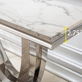 47" Modern Marble Console Table, Narrow Entryway Table White Faux Marble Top & Silver Double U-Shaped Stainless Steel Base - Sofa Table for Entryway, Hallway, Foyer, Living Room AMHDDT