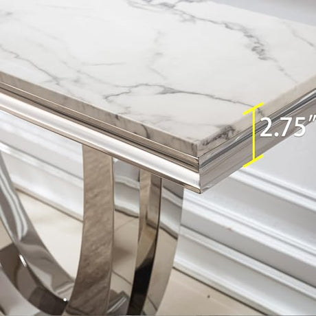 47" Modern Marble Console Table, Narrow Entryway Table White Faux Marble Top & Silver Double U-Shaped Stainless Steel Base - Sofa Table for Entryway, Hallway, Foyer, Living Room AMHDDT