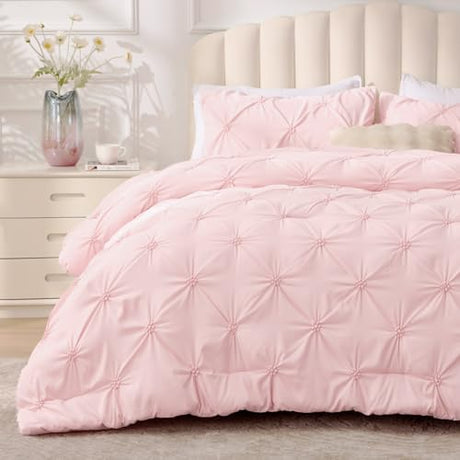 BEDELITE Baby Pink Queen Comforter Set - 3 Pieces Boho Pintuck Bedding Comforter Sets, Lightweight Soft & Warm Bed Comforter Queen with 2 Pillowcases for All Season BEDELITE