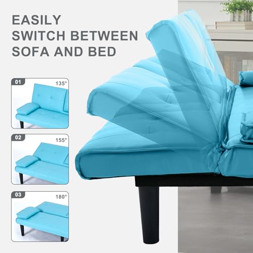 AnoYishev Futon Sofa Bed PU Leather Modern Convertible Futon Couch with Removable Armrests, Cup Holders, Loveseat Sleeper Sofa Bed for Living Room, Apartment, Small Spaces (Blue) AnoYishev